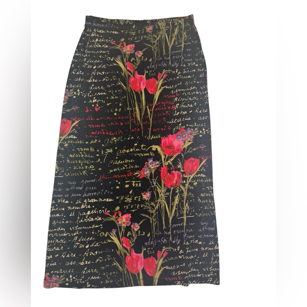 Mirasol Black Maxi Skirt L Floral Script Print Made‎ in USA